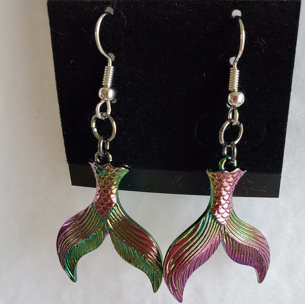 Womens iridescent mermaid tail hook earrings